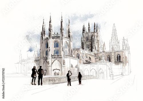 Ilustración en acuarela de la Catedral de Burgos, Camino de Santiago. Urban sketching