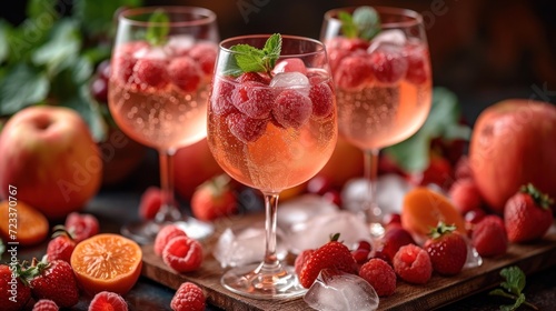  a close up of three wine glasses filled with liquid and strawberries on a cutting board next to a bunch of oranges and raspberries on a table.