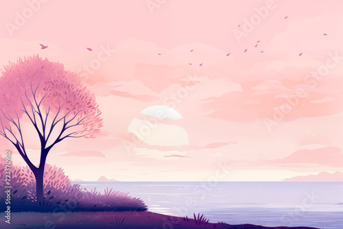 Pink flowering tree on waterfront with clouds  sun  bushes  petals fluttering in wind  romantic pastel gradient nature landscape background