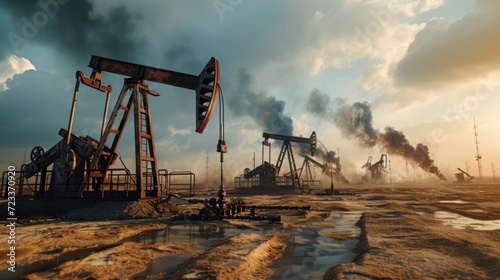 The change in oil prices caused by the war. Oil price cap concept. Oil drilling derricks at desert oilfield. Crude oil production from the ground. Petroleum production