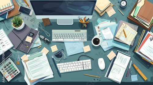 Top view of dirty and clean office workers desk. Working process, computer, stacks of documents and stationery tidy and messy. Office workspace, cartoon flat illustration. Vector set
