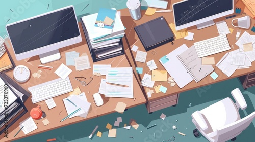 Top view of dirty and clean office workers desk. Working process, computer, stacks of documents and stationery tidy and messy. Office workspace, cartoon flat illustration. Vector set photo
