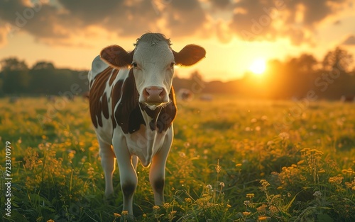 Amidst the vibrant hues of the sun-kissed meadow, a majestic dairy cow stands tall, basking in the warm glow of the summer sky, embodying the peaceful harmony of nature and farm life
