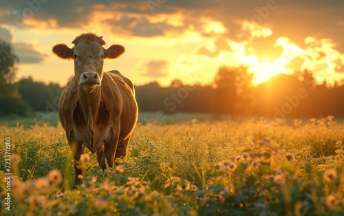 As the sun sets over the picturesque meadow, a majestic cow stands amidst a sea of vibrant flowers, embodying the peaceful harmony of nature in this breathtaking outdoor landscape