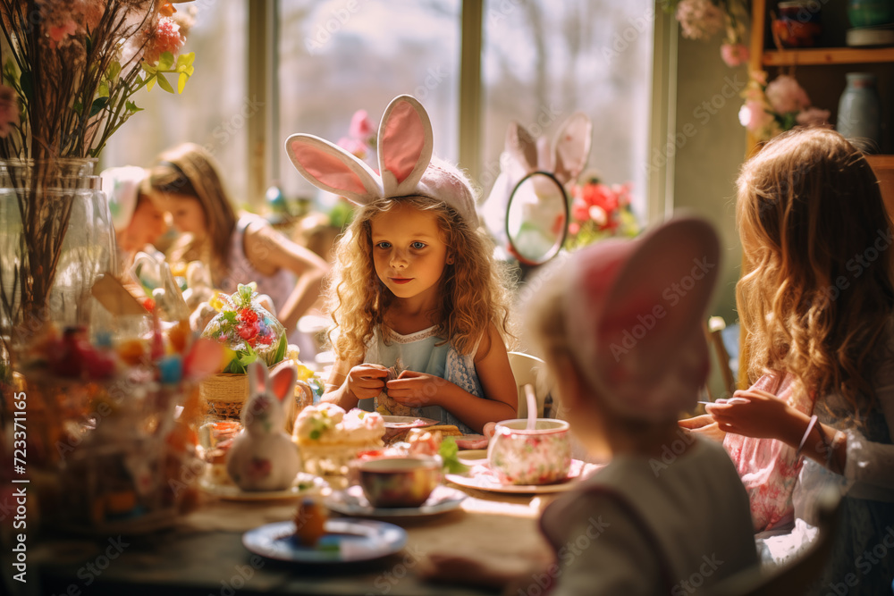 Glückliche Kinder an Ostern, Ostereier Suche an Ostern, ein warmes Osterfest im Frühling, Ostern in der Natur