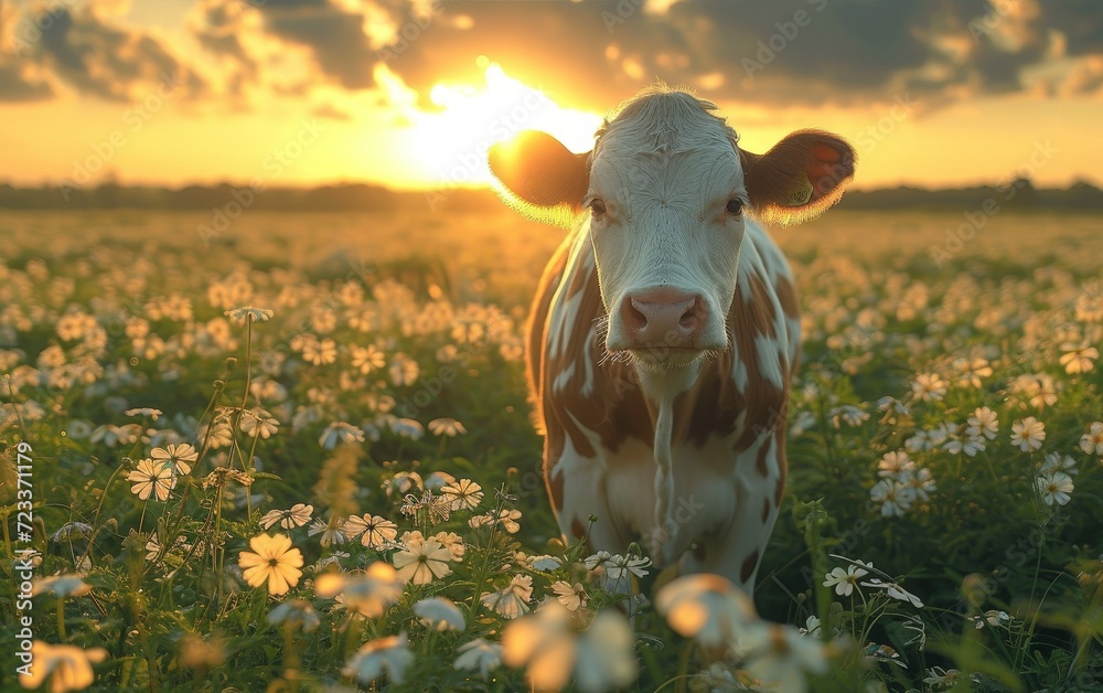 A majestic dairy cow basks in the warm glow of the setting sun, surrounded by a vibrant meadow of flowers and lush green grass, creating a peaceful and idyllic outdoor scene