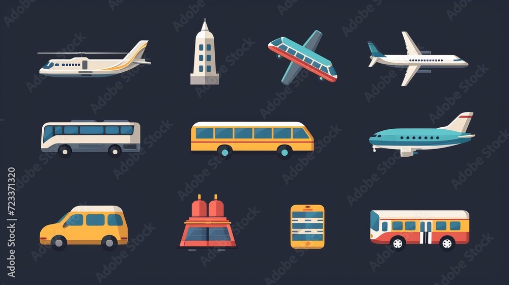 Transport icons set. Auto, bus, train, ship, plane and on foot. Public ...