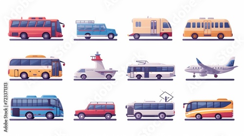 Transport icons set. Auto, bus, train, ship, plane and on foot. Public, travel and delivery transport icons. Vector illustration