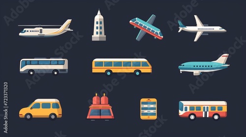 Transport icons set. Auto, bus, train, ship, plane and on foot. Public, travel and delivery transport icons. Vector illustration photo