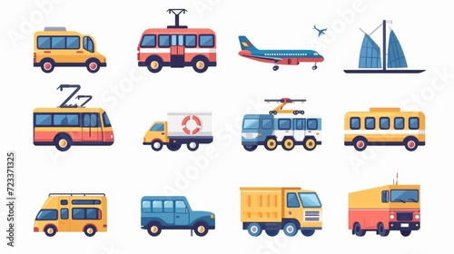 Transport icons set. Auto, bus, train, ship, plane and on foot. Public, travel and delivery transport icons. Vector illustration