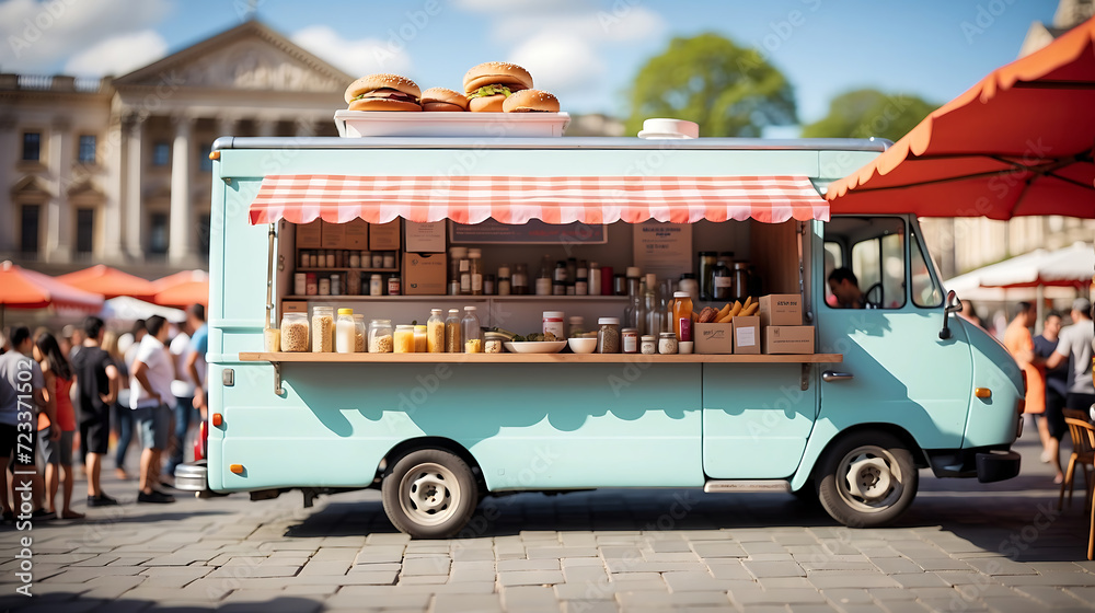 Food truck selling street food in Paris, France. Unrecognizable people ...