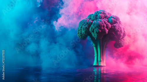 Broccoli highlighted on a background with neon light in pink and blue tones with space for text. photo