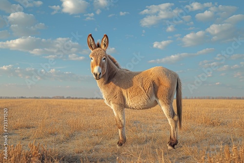 A lone donkey stands tall in a vast savanna, its brown coat blending with the steppe grass as it gazes up at the endless sky and puffy clouds, embodying the resilience and grace of a majestic terrest
