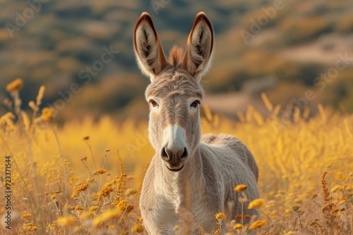 A gentle burro stands tall amidst a sea of golden blooms, a peaceful and grounding presence in the wild grasses © Larisa AI