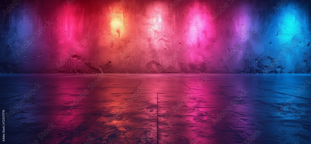 In the dimly lit room, the water shimmered with hues of magenta and purple as the soft glow of blue lights danced upon the walls, creating a mesmerizing and dreamlike atmosphere