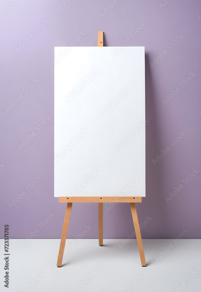 easel with blank canvas in front of a pastel purple wall
