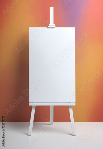 easel with blank canvas in front of a orange wall