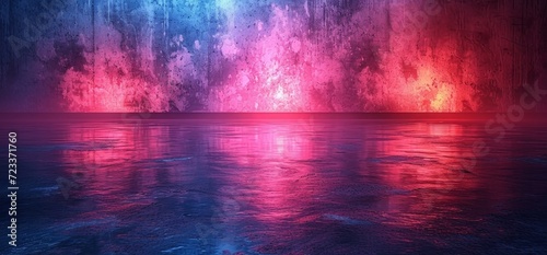 A serene lake reflects a vibrant pink and blue light, evoking a sense of tranquil nature