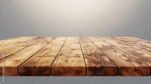 Wood table perspective view, wooden surface of desk, kitchen top made of brown timber board isolated on transparent background. Tabletop interior design element, Realistic 3d vector illustration photo