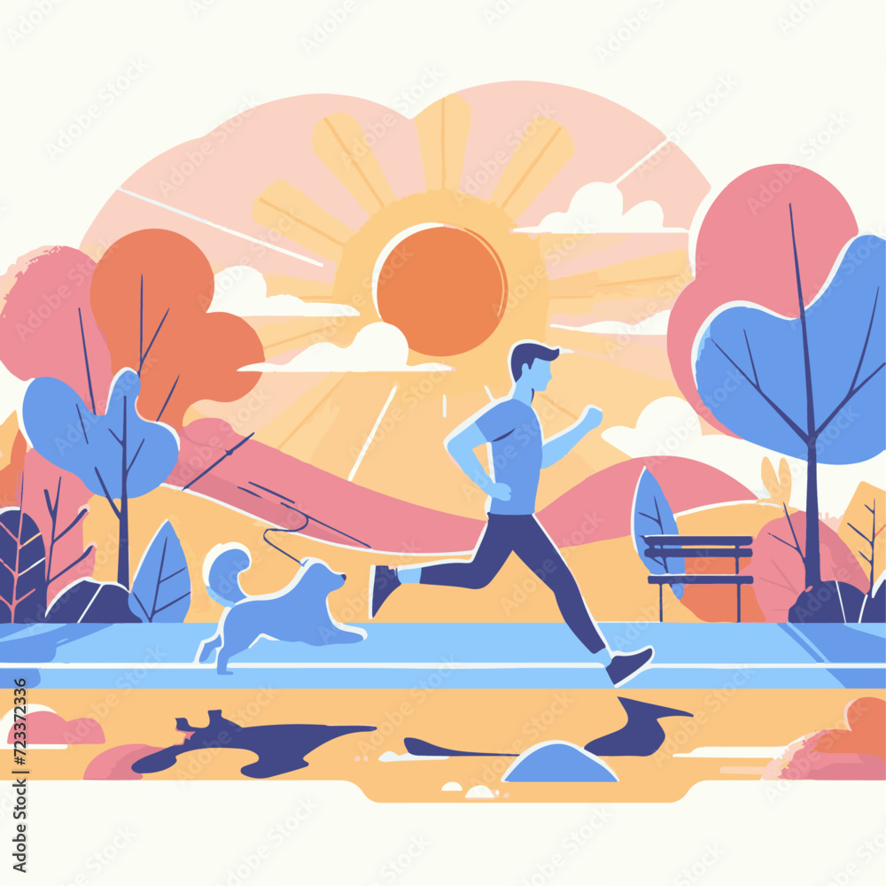 Running man in park. Healthy lifestyle. Vector illustration in flat style