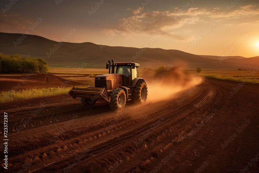 Tractor Plowing Field at Sunset Tractor Plowing Field at Sunset