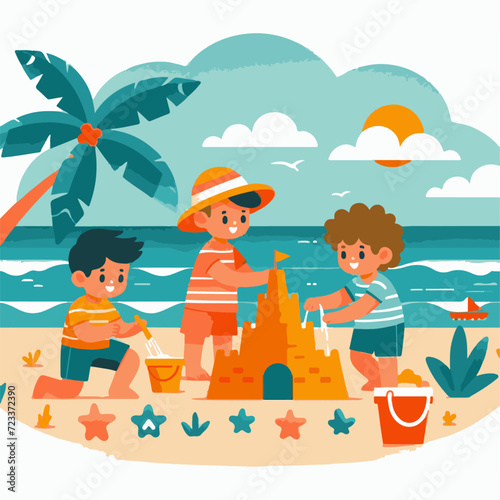 Children playing sand castle on the beach. Flat style vector illustration.