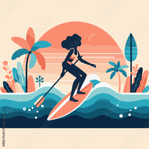 Vector illustration of a girl on a stand up paddle board in the ocean