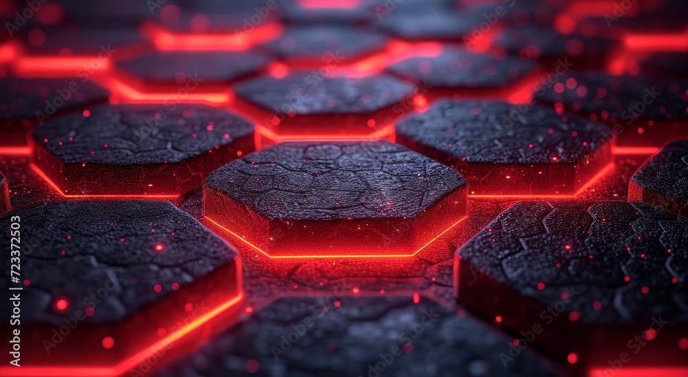 Vibrant shades of red illuminate a mesmerizing hexagon pattern, radiating a sense of light and bold modernity Vibrant shades of red illuminate a mesmerizing hexagon pattern, radiating a sense of light and bold modernity