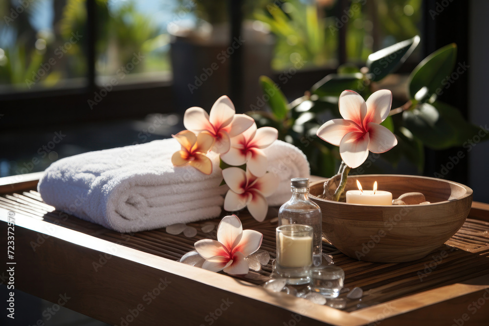 A tranquil spa setup captures the essence of relaxation with a bowl of frangipani flowers A tranquil spa setup captures the essence of relaxation with a bowl of frangipani flowers