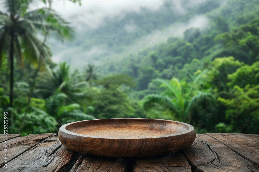 A wooden plate rests on a rustic table with the lush, mist-covered tropical rainforest stretching out in the background