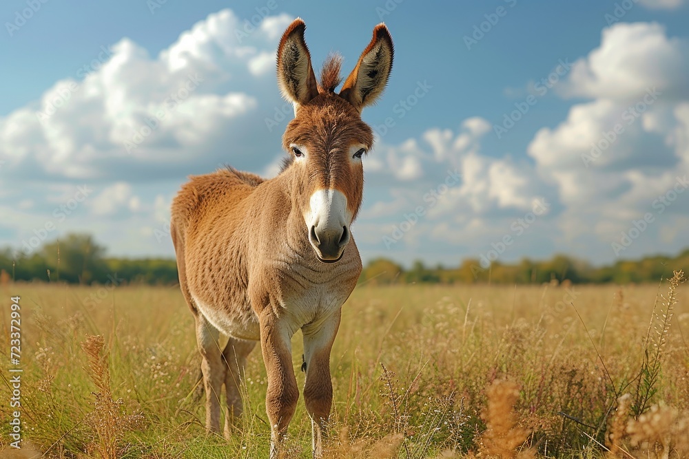 A solitary donkey, with its warm brown coat blending into the golden grass, stands tall and proud in the peaceful field beneath a clear blue sky, embodying the beauty and resilience of terrestrial an A solitary donkey, with its warm brown coat blending into the golden grass, stands tall and proud in the peaceful field beneath a clear blue sky, embodying the beauty and resilience of terrestrial an