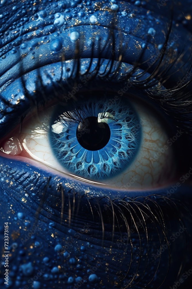 closeup shot of woman eye iris and creative makeup, macro of creative cosmetics makeup, beauty and fashion image