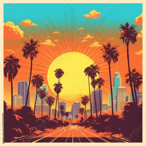 sunset over the city pop art style los angeles poster