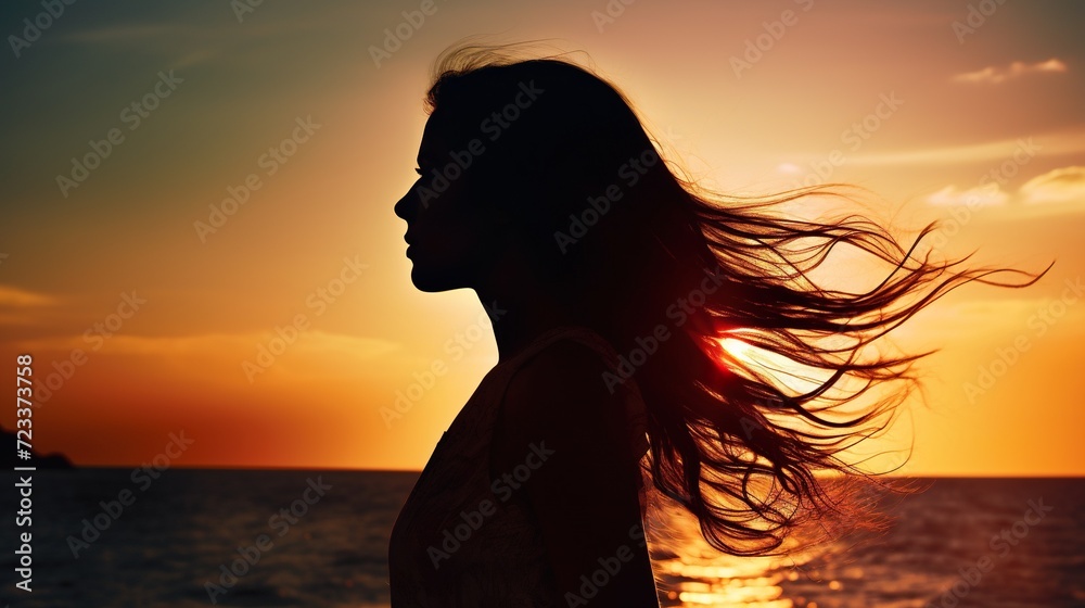 Fototapeta premium silhouette portrait of young beautiful woman looking at sunset at sea beach, attractive female at sunrise