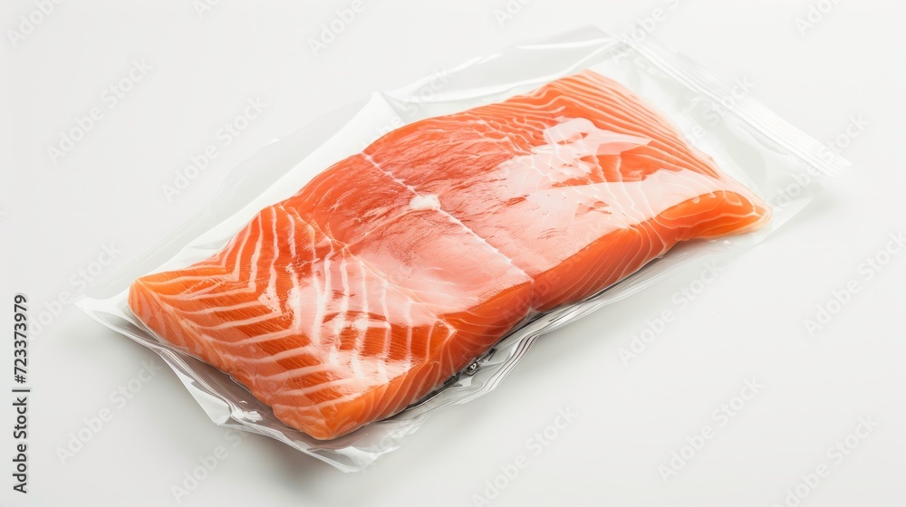 vacuum packaging with a piece of pink salmon fish on a white background vacuum packaging with a piece of pink salmon fish on a white background