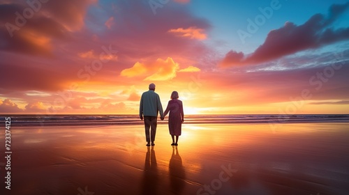 Fototapeta Naklejka Na Ścianę i Meble -  old senior couple walking by sea beach at sunset, older romantic man and woman walk by ocean shore at summer sunrise