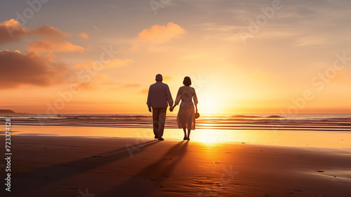 old senior couple walking by sea beach at sunset, older romantic man and woman walk by ocean shore at summer sunrise © goami