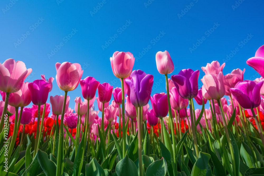 Spring tulips with blue sky. Backdrop with selective focus and copy space