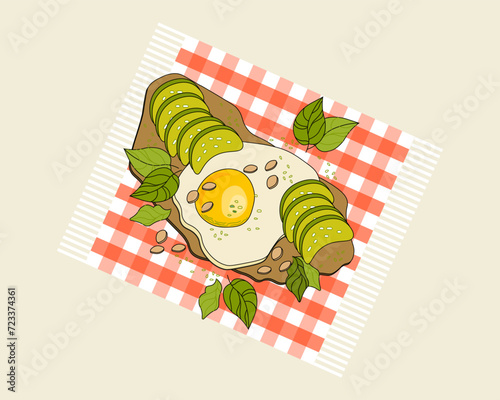 Healthy breakfast, fried eggs on black bread with avocado pieces and herbs. Food illustration, vector.