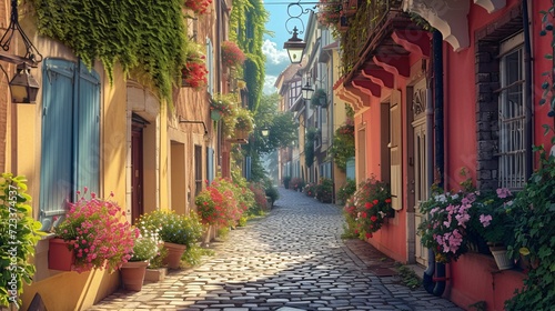 Cobbled Alley with Sunlit Flowers and Quaint Buildings