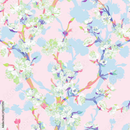 Abstract pattern with sakura Cherry Blossom silhouettes for textile