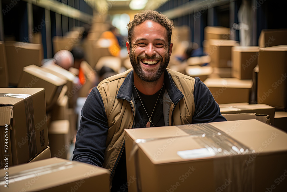 The Enigmatic Smile: Mature Man Illuminates a Box-Filled Maze in a Warehouse The Enigmatic Smile: Mature Man Illuminates a Box-Filled Maze in a Warehouse