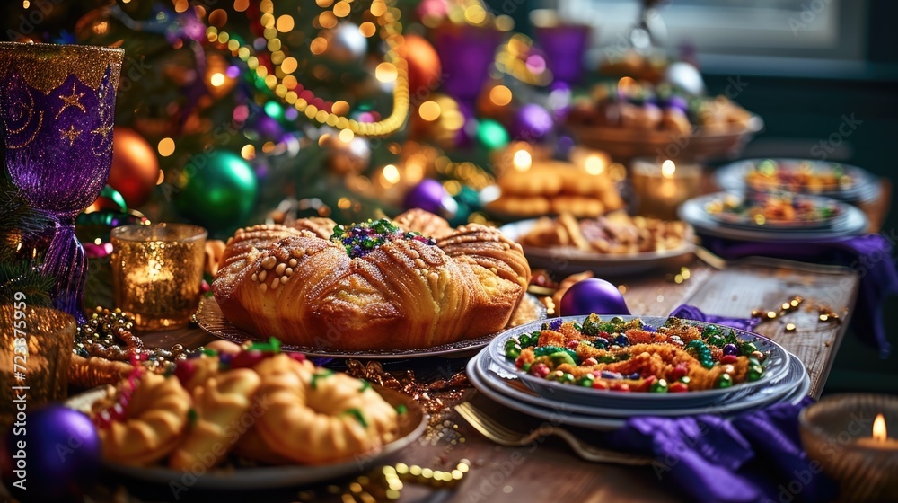 A festive Mardi Gras table setting featuring traditional King Cake, beignets, and other delicacies, surrounded by colorful decorations, beads, and masks