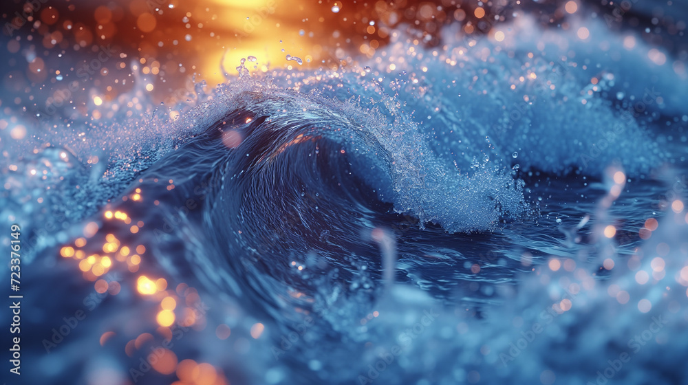 Fototapeta premium Close-up of gentle ocean waves with sparkling water droplets, warm sunset colors in the background.