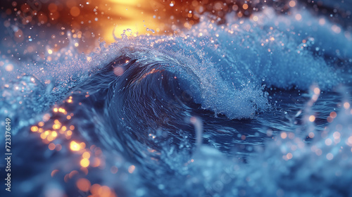 Close-up of gentle ocean waves with sparkling water droplets, warm sunset colors in the background.