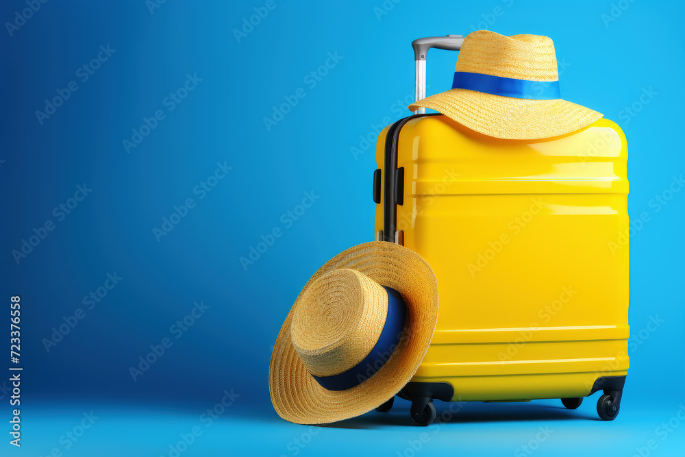 Obraz premium Travel mock up background. Yellow suitcase with summer straw hats on the bright blue background