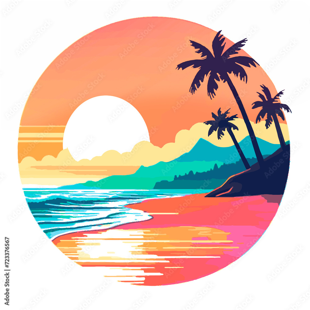 Illustration of a tondo.Sea coast of warm, southern latitudes. Sunset on the beach with palm trees against the backdrop of mountain slopes.