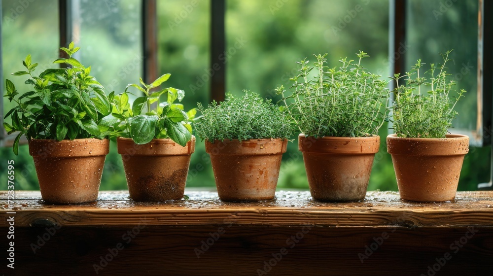 a variety of potted spicy herbs such as spearmint, rosemary, and thyme, thrive on a wooden windowsill a variety of potted spicy herbs such as spearmint, rosemary, and thyme, thrive on a wooden windowsill