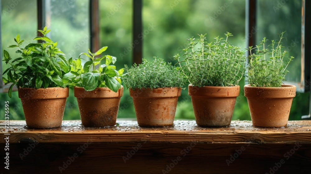 a variety of potted spicy herbs such as spearmint, rosemary, and thyme, thrive on a wooden windowsill