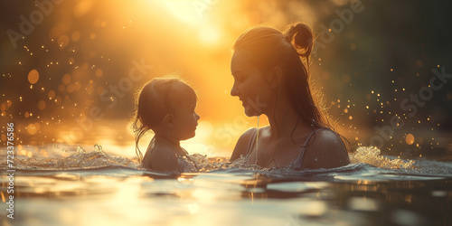 Magical sunset swim with mother and child, capturing the essence of Mother's Day. Mom teaches child to swim